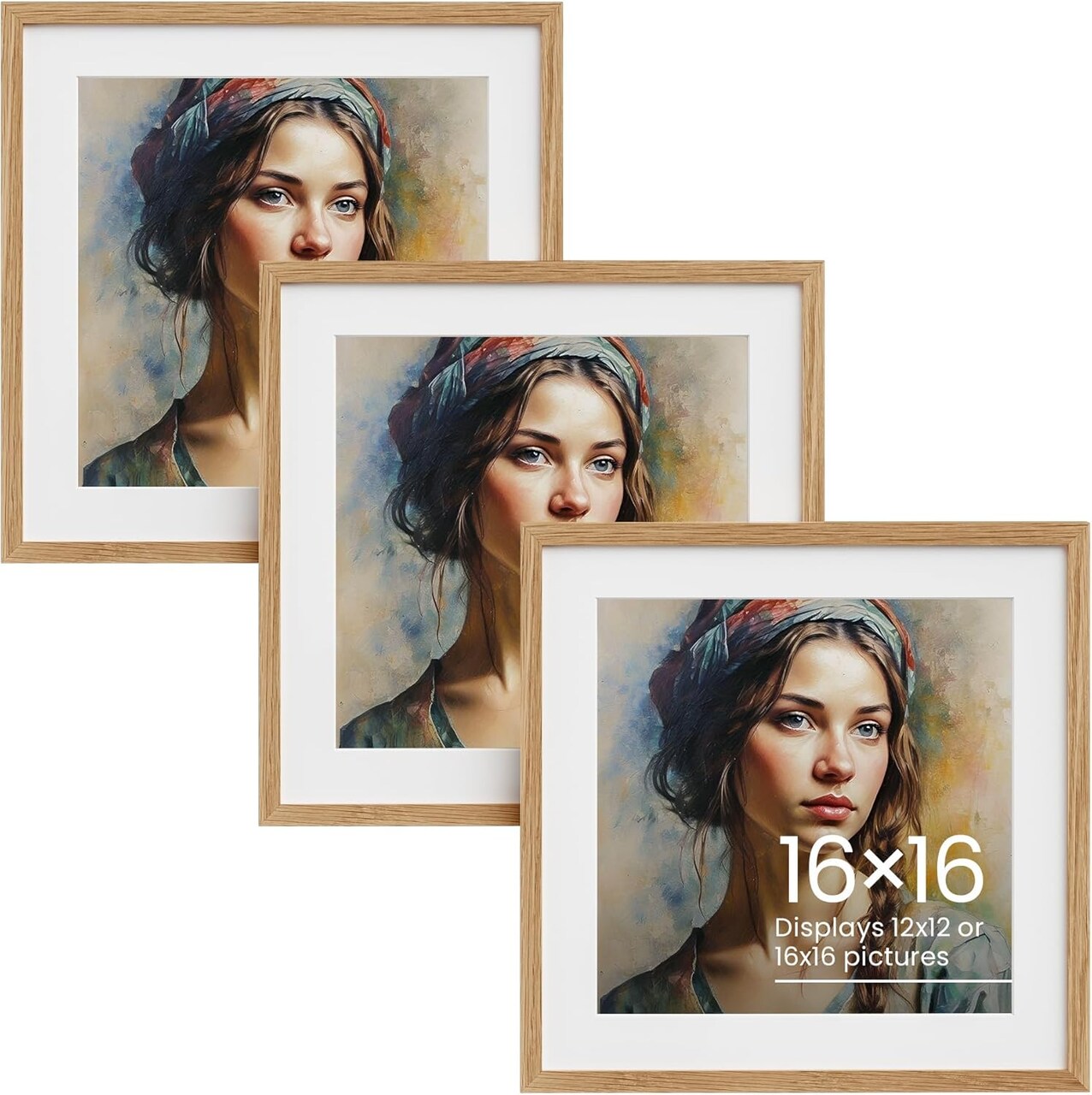 16x16 Oak Wood Picture Frames Set of 3-16x16 Poster Frames Frame with Mat to 12x12 Graduation Picture Display,Family Picture,Wedding Picture Tabletop & Wall Decoration